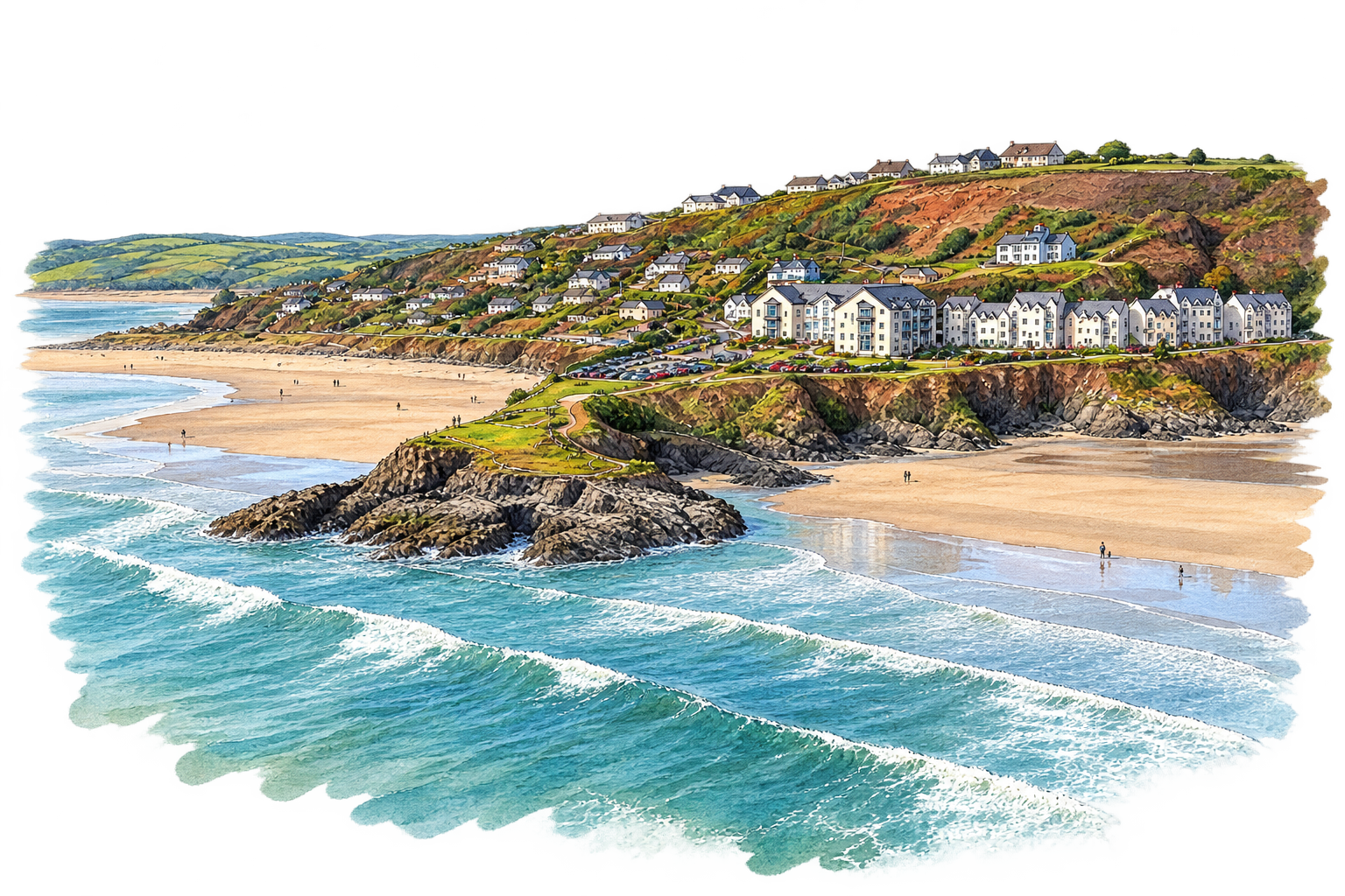 Watercolour illustration of Inchydoney Island beach and headland, Clonakilty